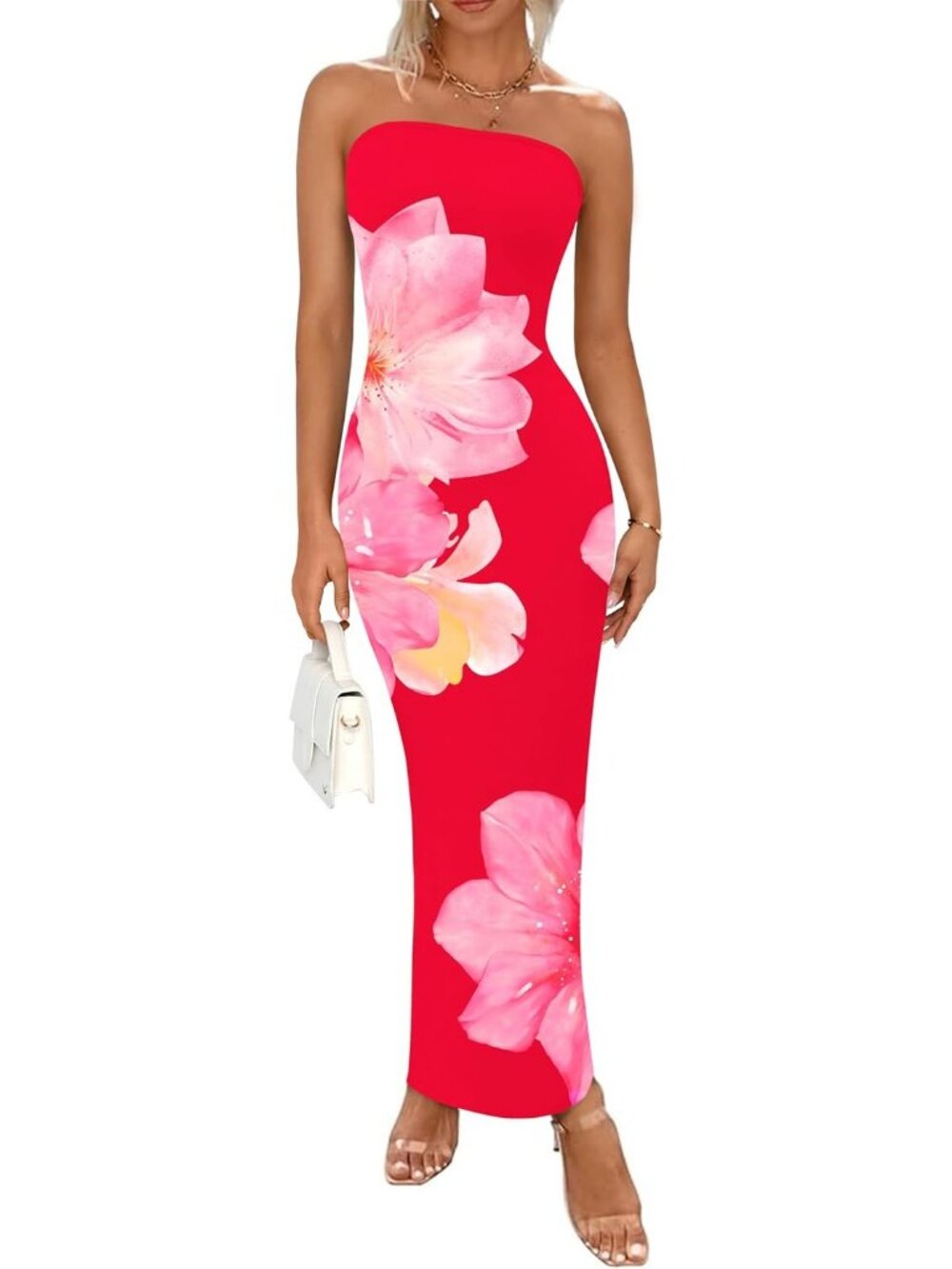 Women's Sexy Black/Pink Floral Strapless Tube Long Bodycon Maxi Club Party Dress - Picture 1 of 6